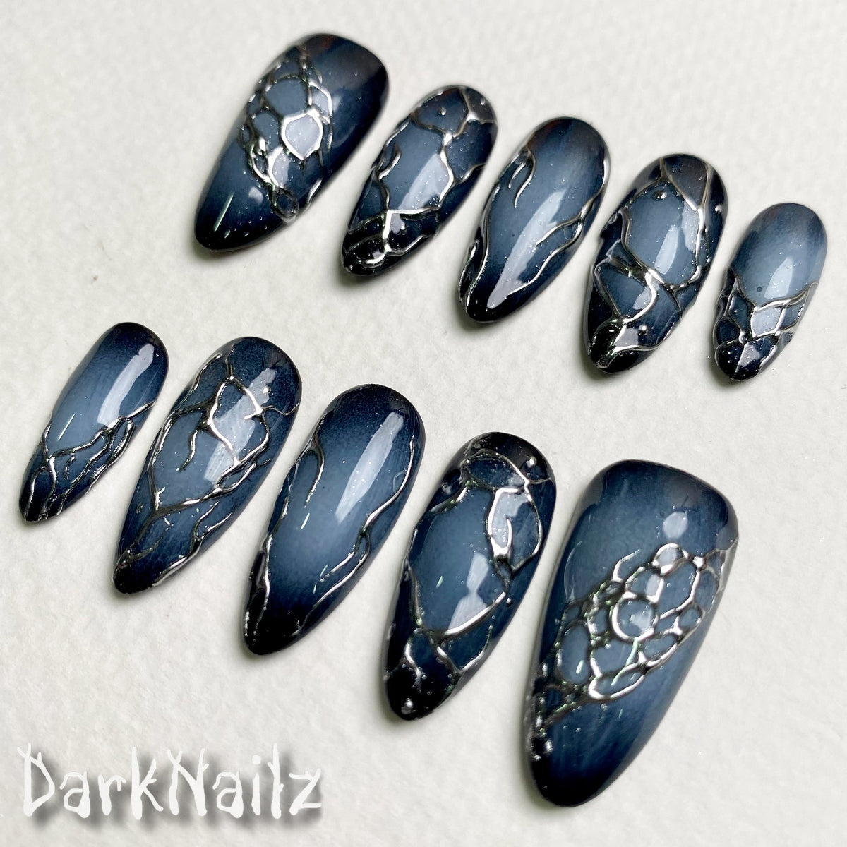 Navy Blue Ombre Press-On Nails, Chrome Vein Dark Gothic Fake Nails