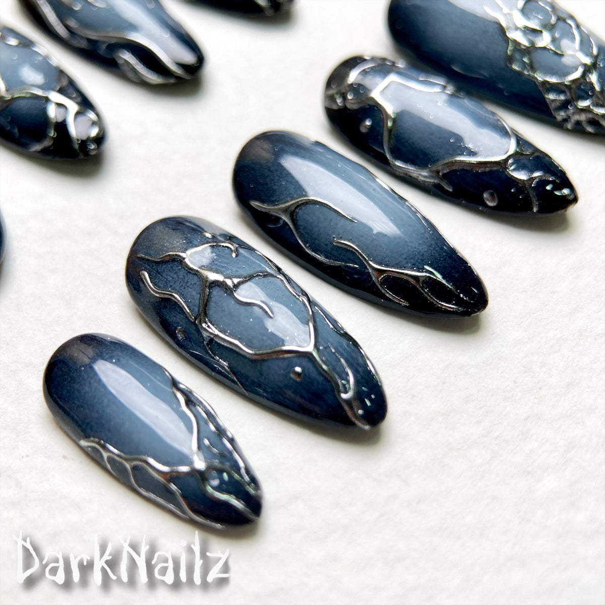 Navy Blue Ombre Press-On Nails, Chrome Vein Dark Gothic Fake Nails