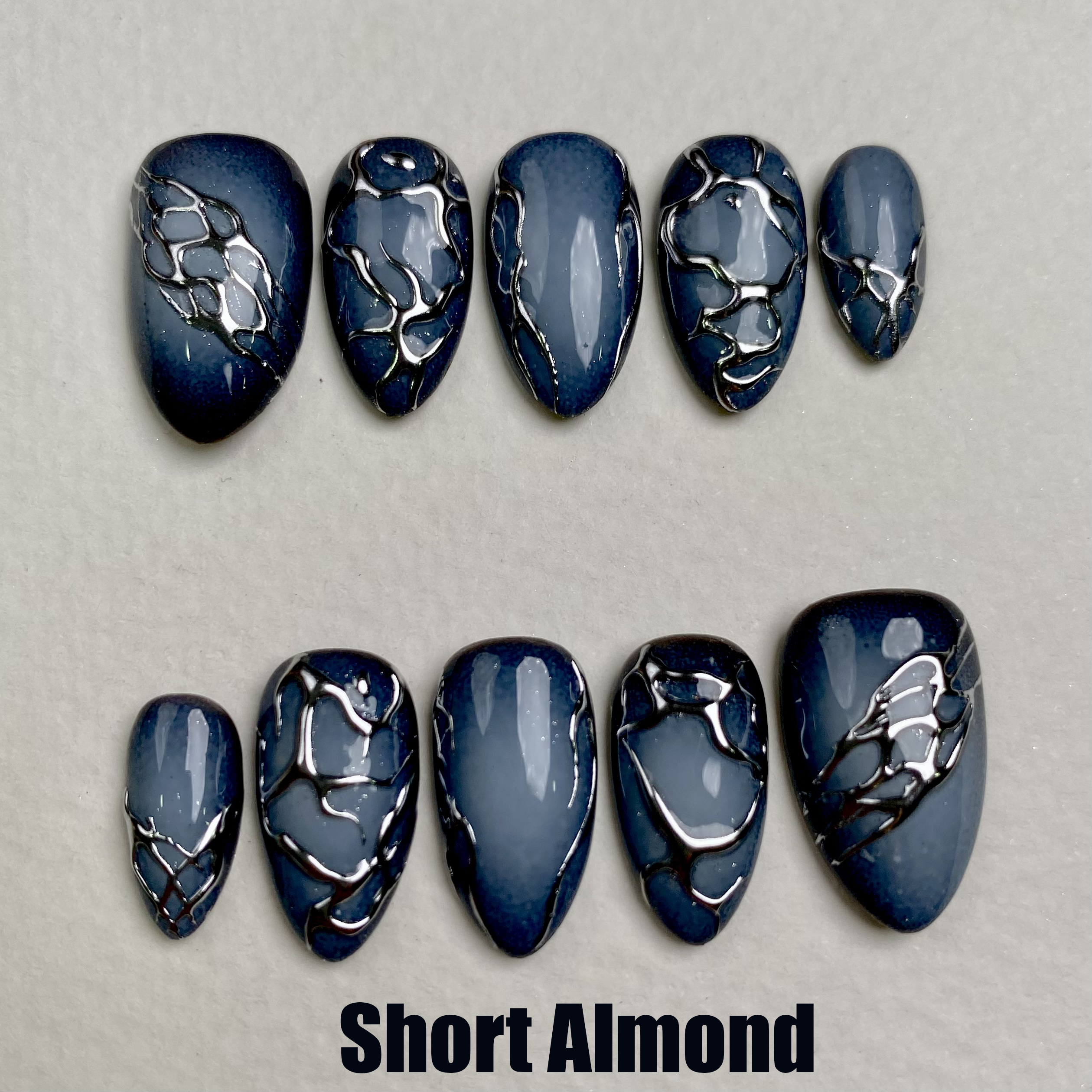 Navy Blue Ombre Press-On Nails, Chrome Vein Dark Gothic Fake Nails