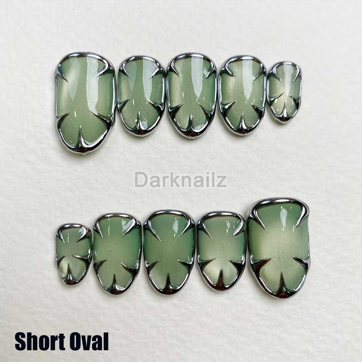 Light Green Cat Eye Press-On Nails, Chrome Armor Gothic Fake Nails in Pale Metallic