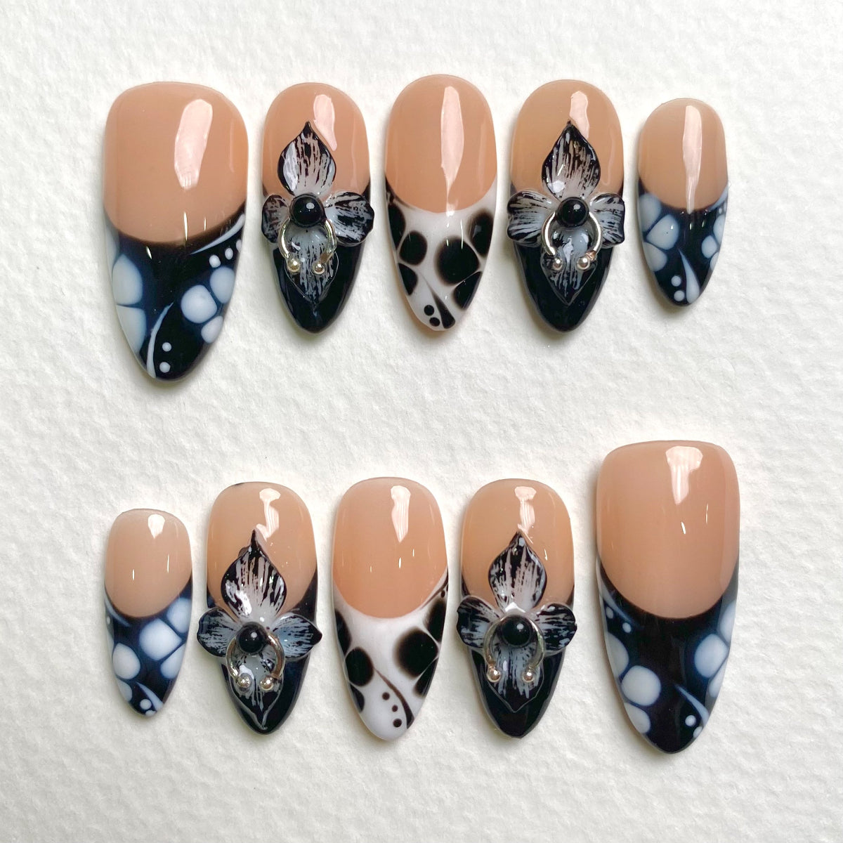 Nude Black Orchid Press-On Nails, 3D Floral Gothic Fake Nails with White Dot Art