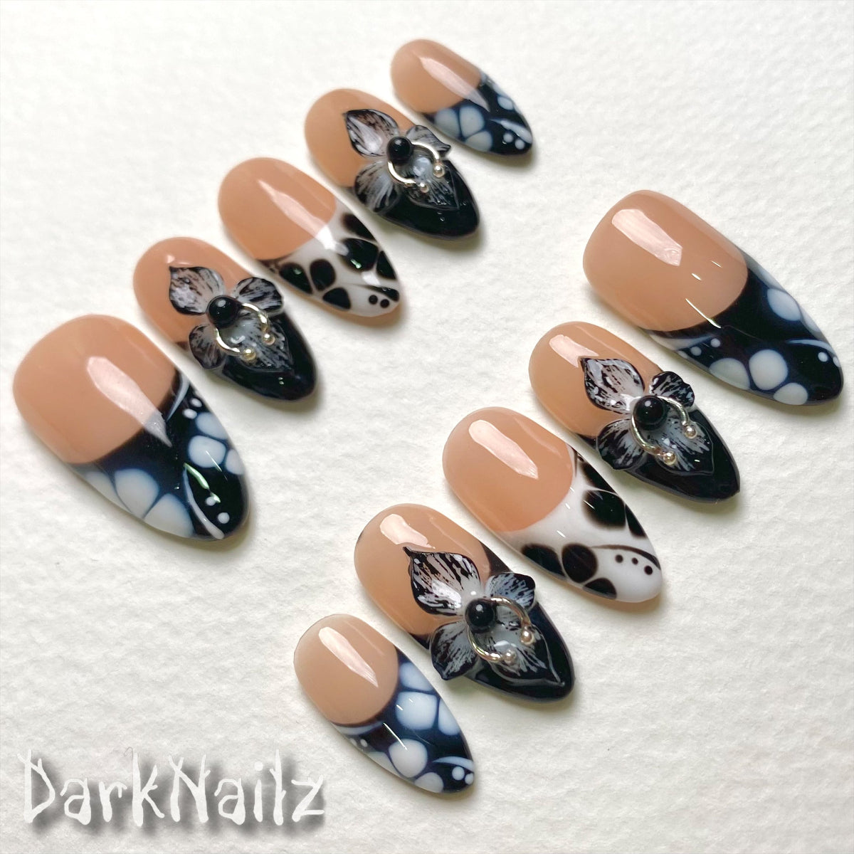 Nude Black Orchid Press-On Nails, 3D Floral Gothic Fake Nails with White Dot Art