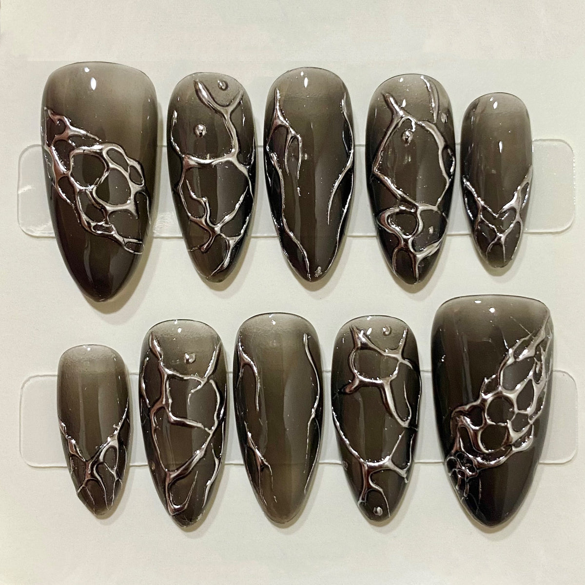 Grey Jelly Ombre Press-On Nails, Chrome Vein Dark Gothic Fake Nails