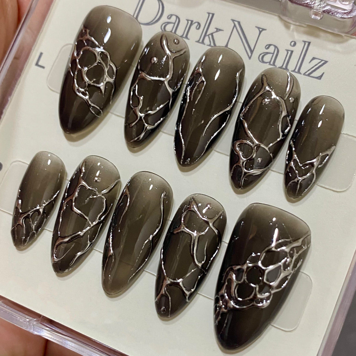 Grey Jelly Ombre Press-On Nails, Chrome Vein Dark Gothic Fake Nails