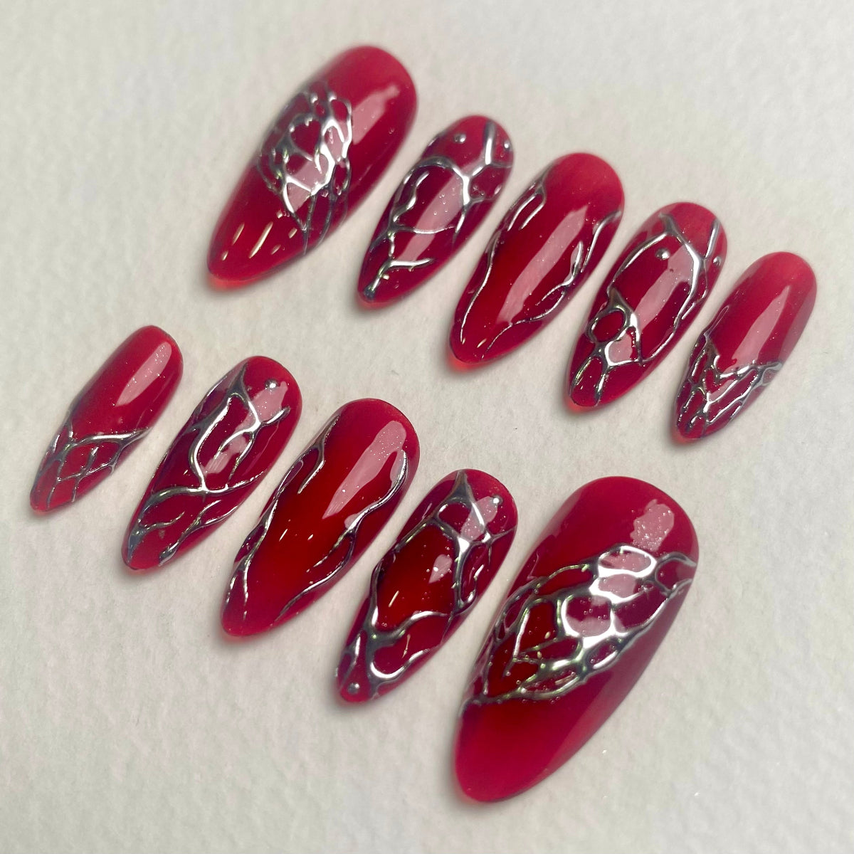 Cherry Jelly Press-On Nails, Red Chrome Vein Gothic Fake Nails in Transparent Blood Finish