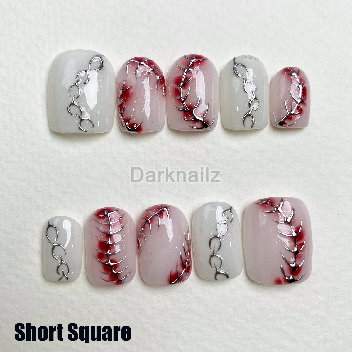 White Red Gradient Press-On Nails, Chrome Centipede Spine Gothic Fake Nails