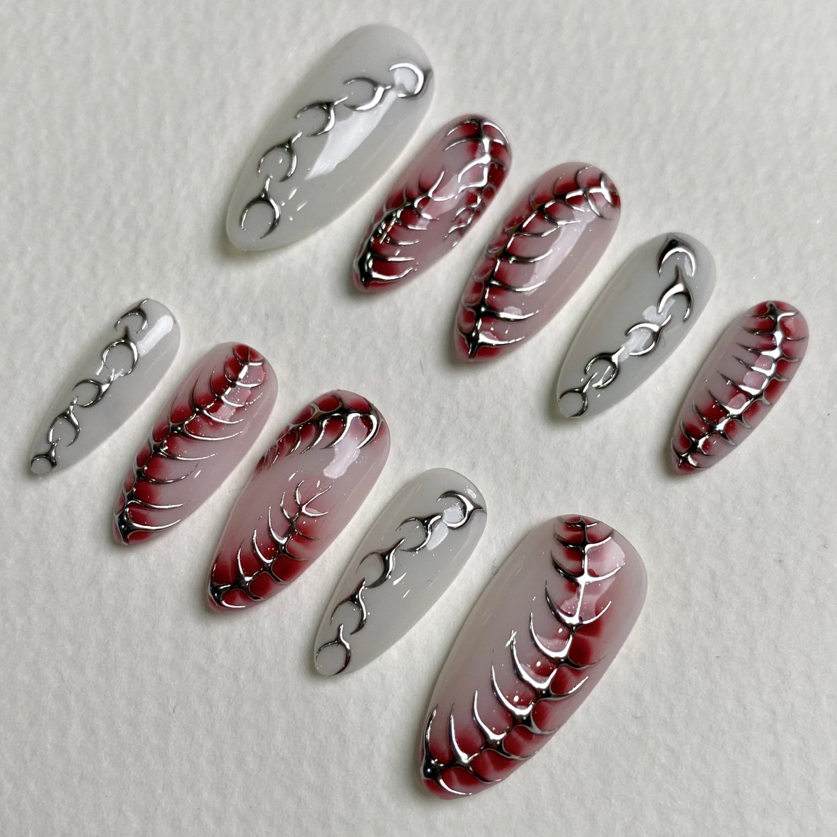 White Red Gradient Press-On Nails, Chrome Centipede Spine Gothic Fake Nails