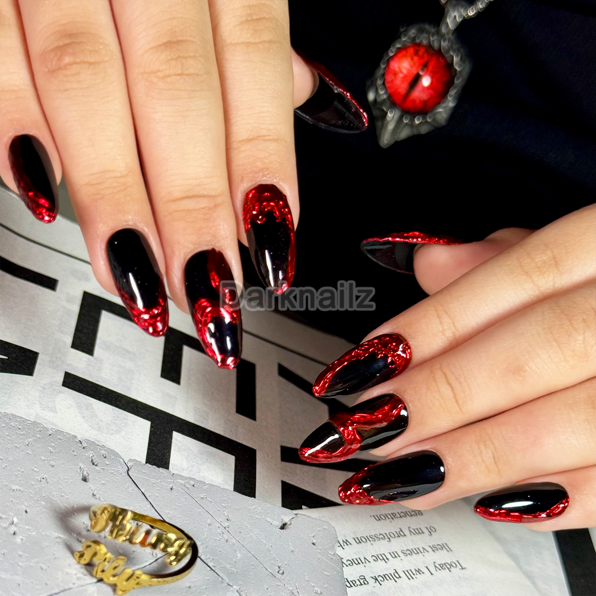 Black Red Chrome Press-On Nails, Blood Mirror Gothic Fake Nails with Liquid Metal Effect