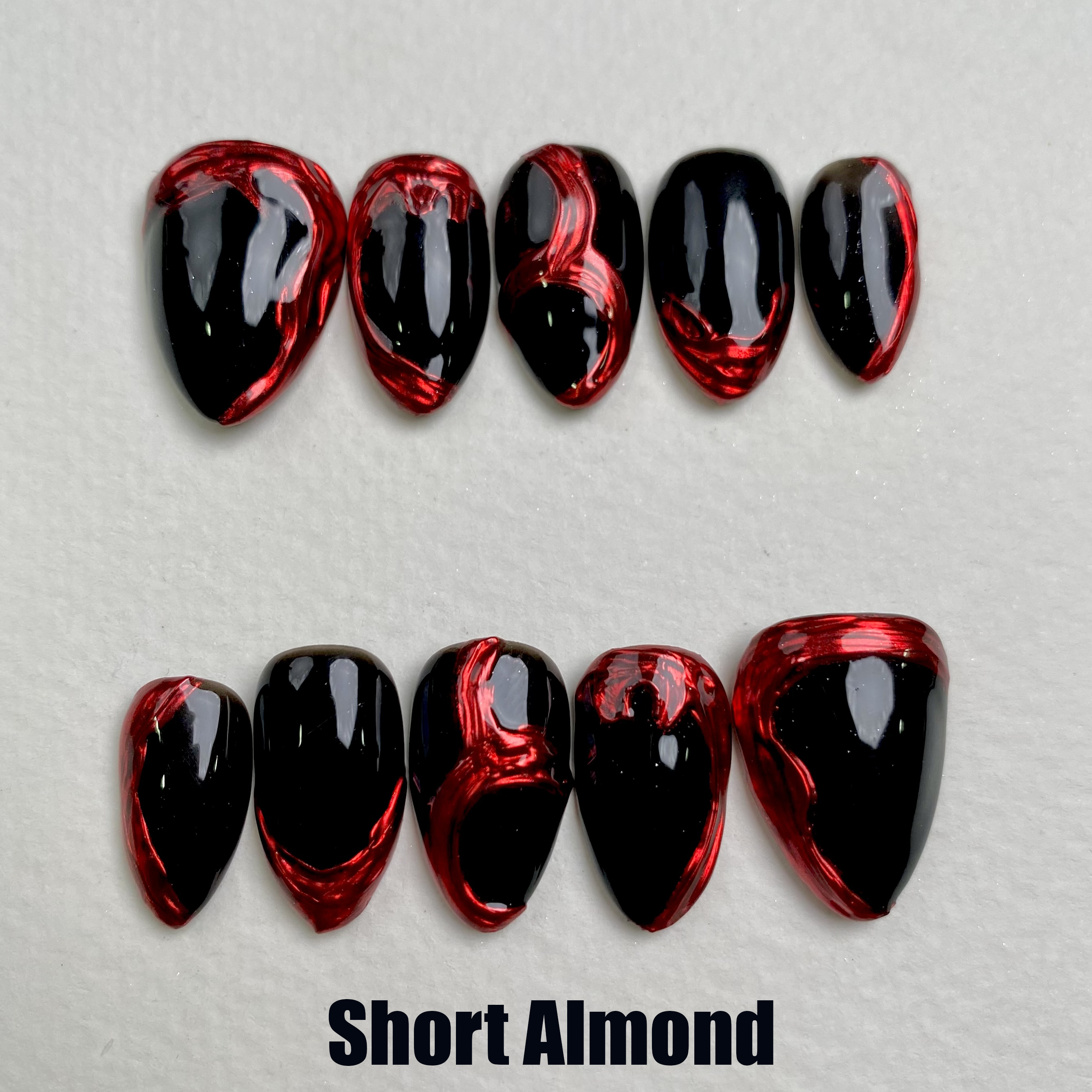 Black Red Chrome Press-On Nails, Blood Mirror Gothic Fake Nails with Liquid Metal Effect