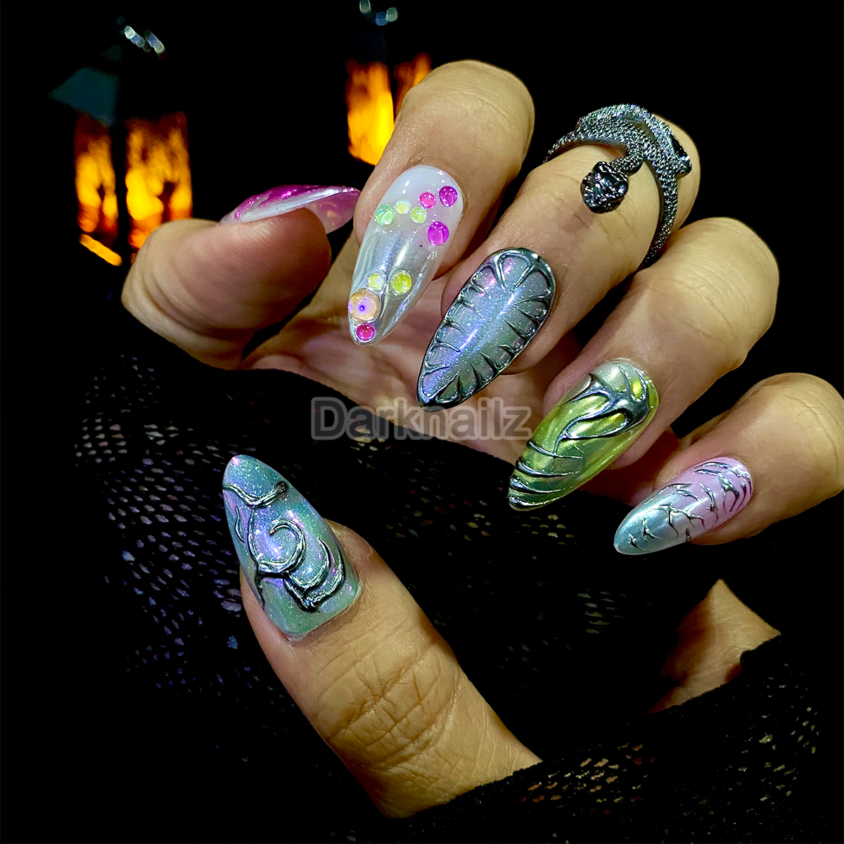 Prism Crush Press-On Nails – Iridescent Y2K Fake Nails with Chrome Details & Jelly Accents