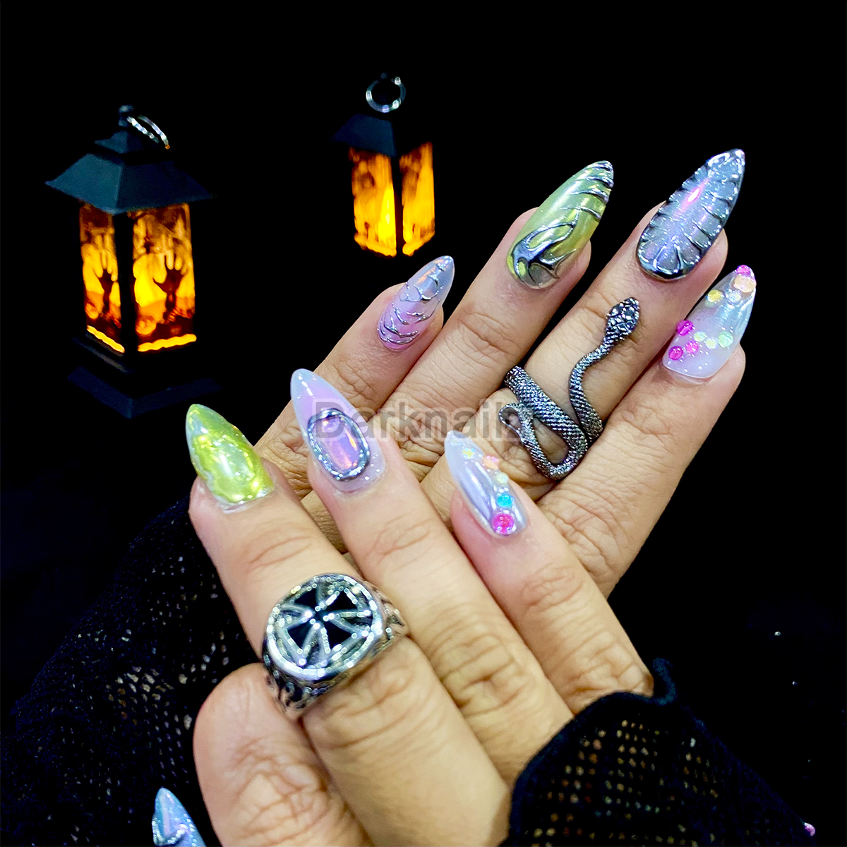 Prism Crush Press-On Nails – Iridescent Y2K Fake Nails with Chrome Details & Jelly Accents
