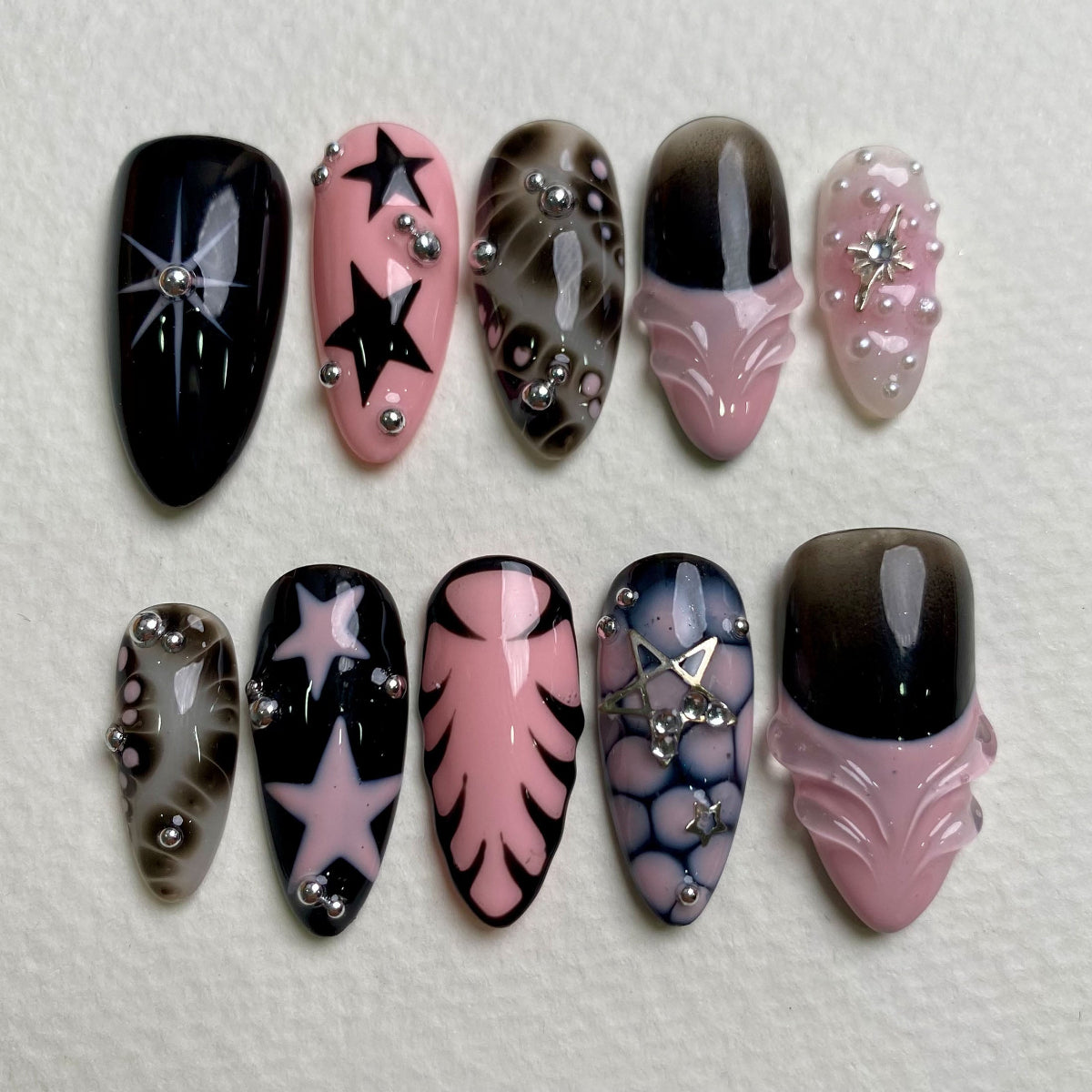 Black Pink Stardust Press-On Nails – Bold Gothic Fake Nails with Stars & Smoky Marble Effect