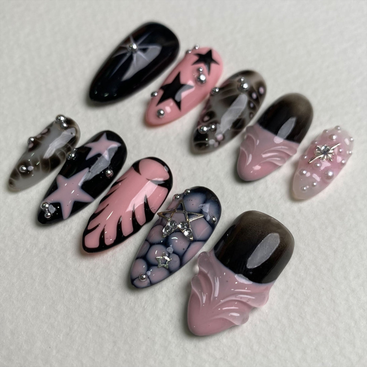 Black Pink Stardust Press-On Nails – Bold Gothic Fake Nails with Stars & Smoky Marble Effect