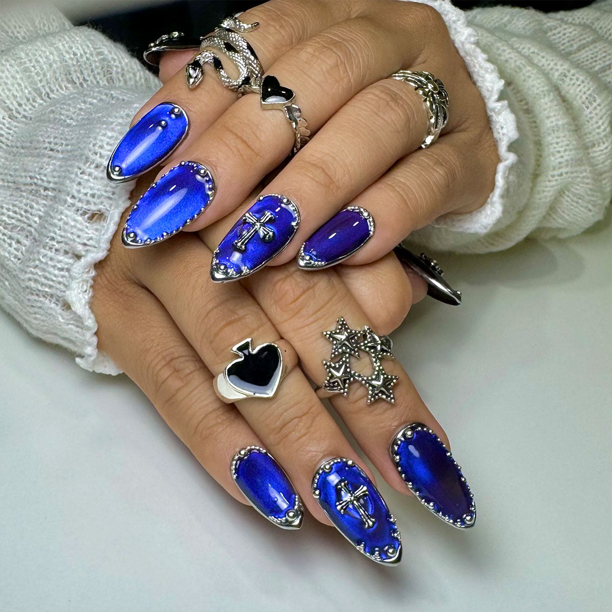 Mystic Claw Blue Purple Cat Eye Press On Nails, Gothic Chrome Fake Nails