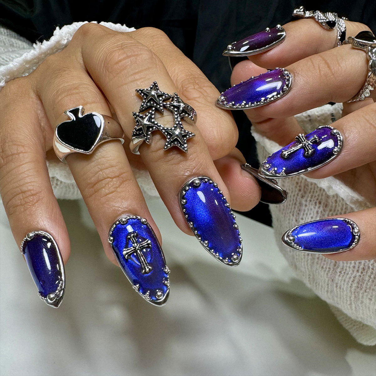 Mystic Claw Blue Purple Cat Eye Press On Nails, Gothic Chrome Fake Nails