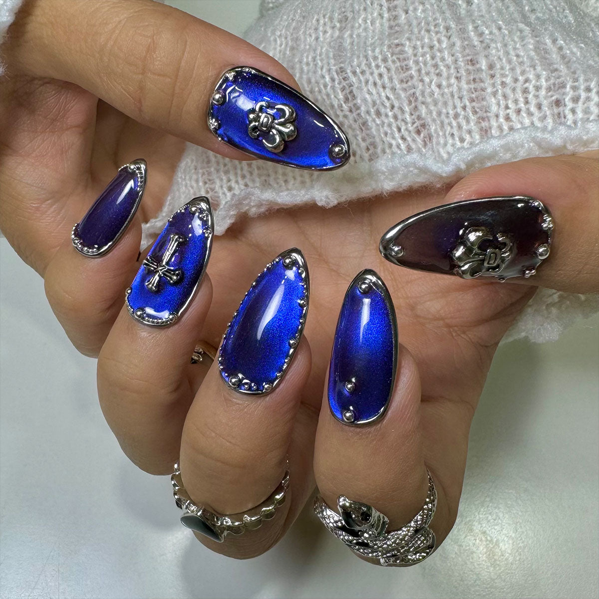 Mystic Claw Blue Purple Cat Eye Press On Nails, Gothic Chrome Fake Nails