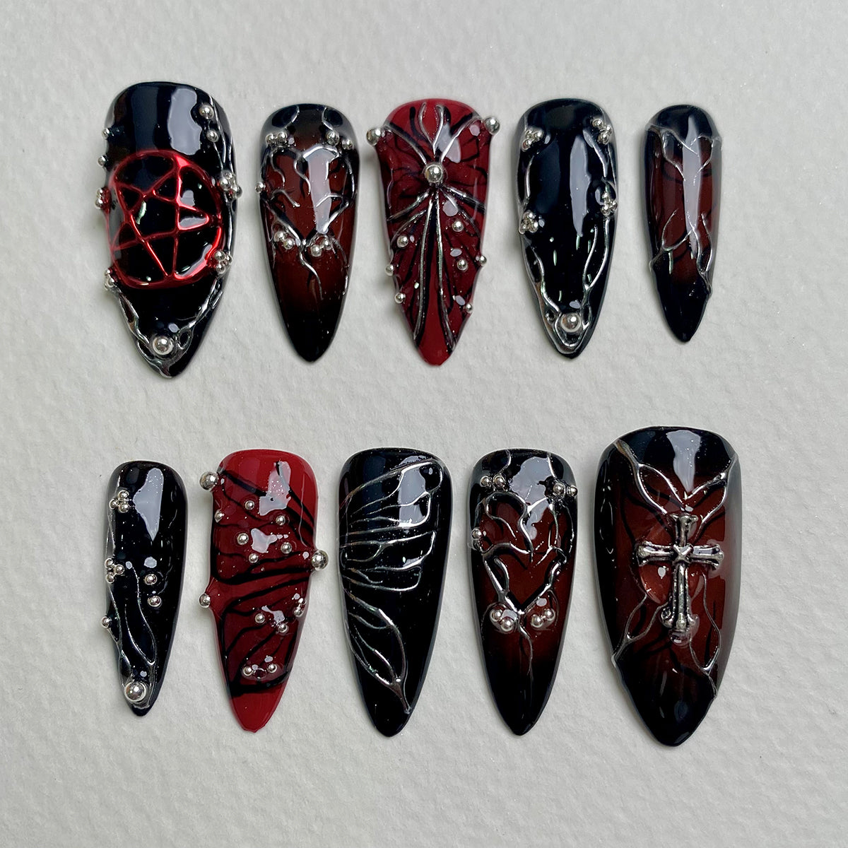 BloodHex Dark Metal Accent Press On Nails, Red Black Gothic Fake Nails