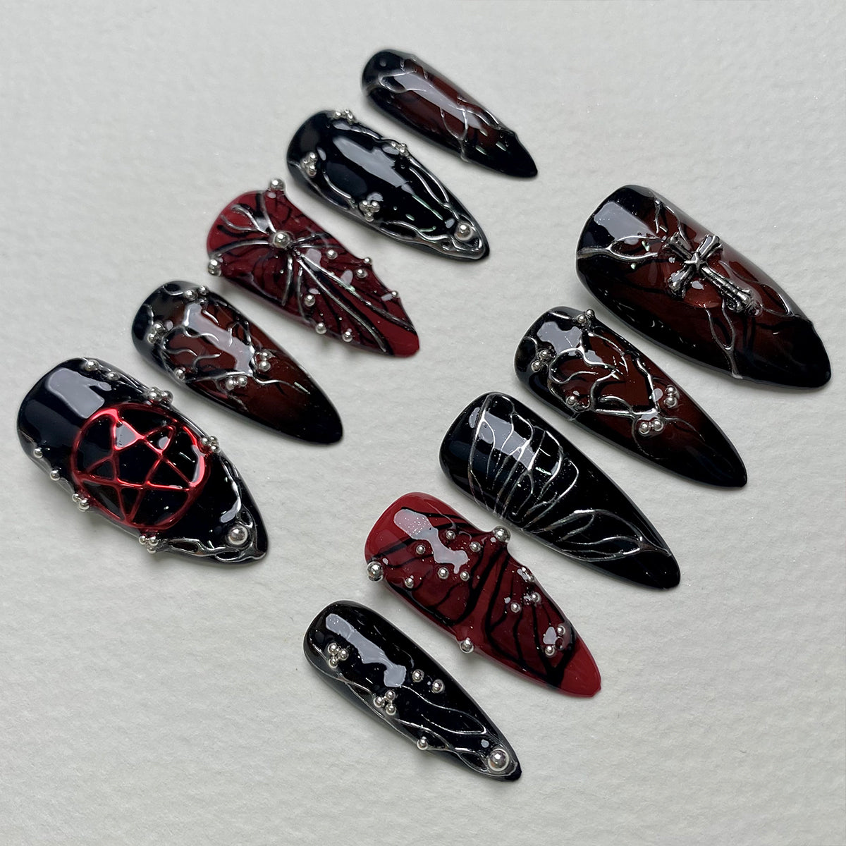BloodHex Dark Metal Accent Press On Nails, Red Black Gothic Fake Nails