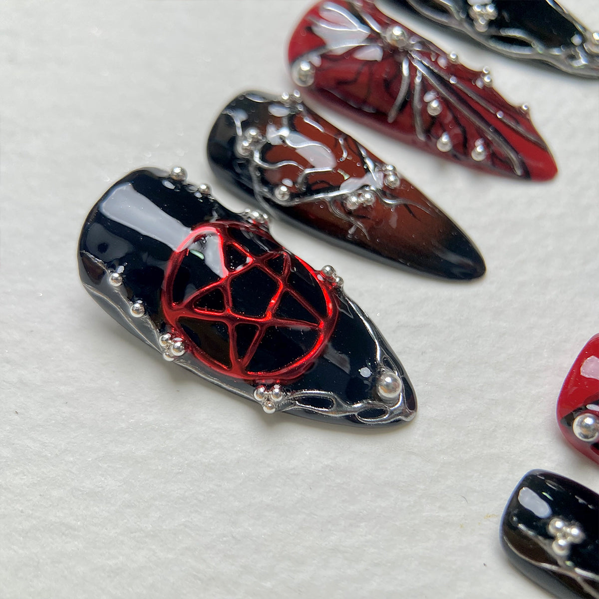 BloodHex Dark Metal Accent Press On Nails, Red Black Gothic Fake Nails