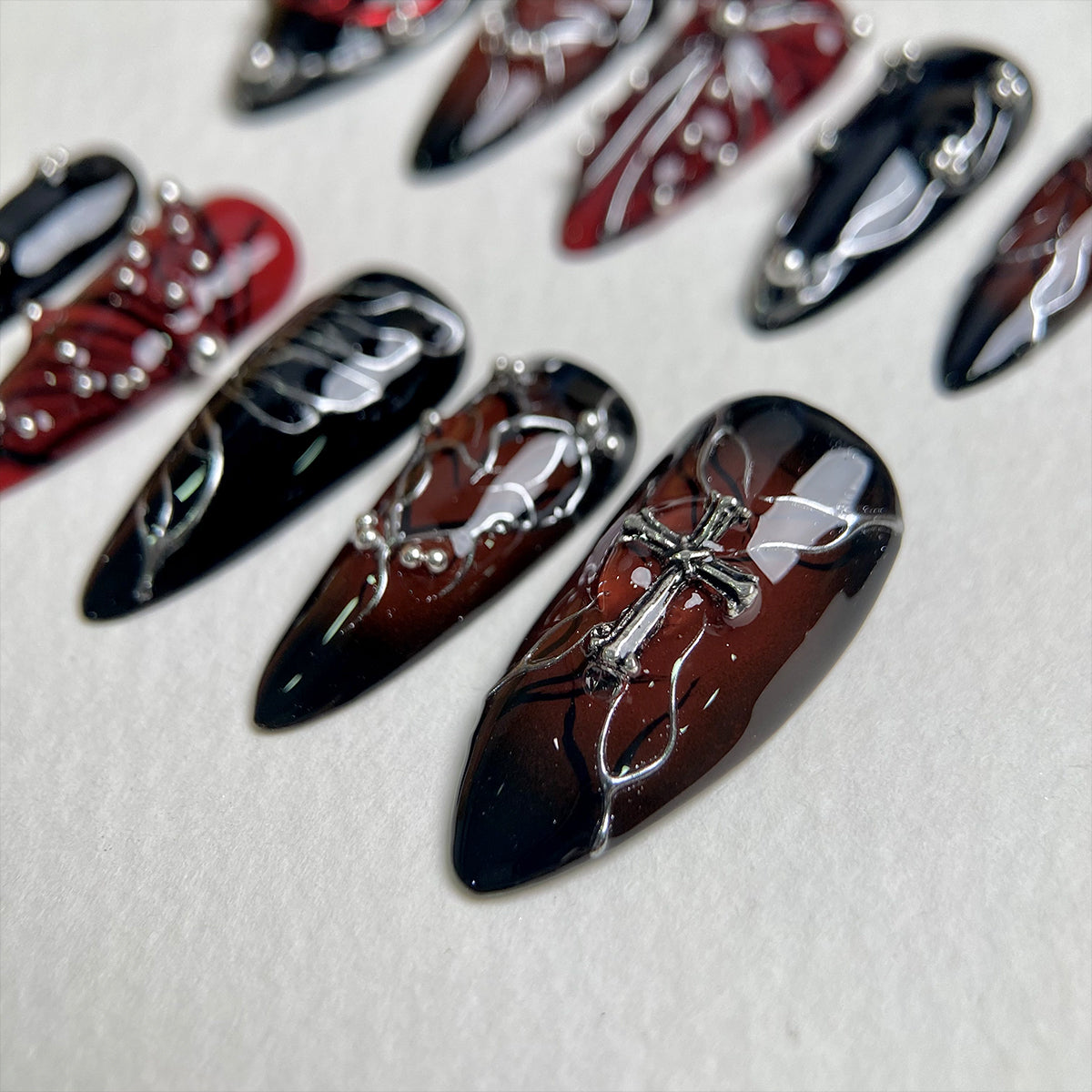 BloodHex Dark Metal Accent Press On Nails, Red Black Gothic Fake Nails