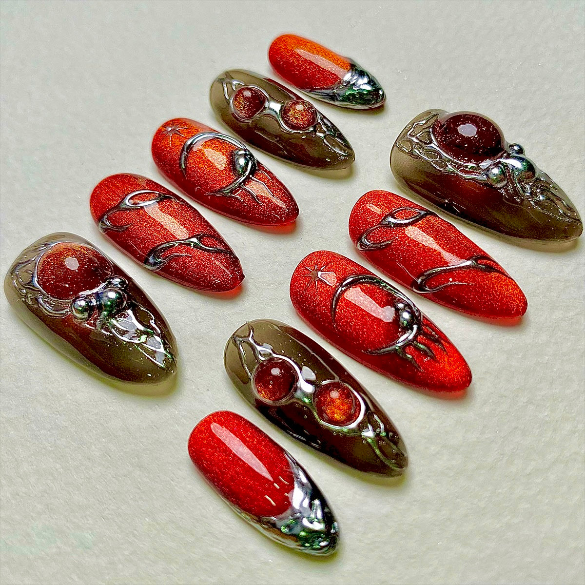 BloodOrb Chrome Eclipse Press On Nails, Red Cat Eye Gothic Fake Nails with Silver Mirror Glaze