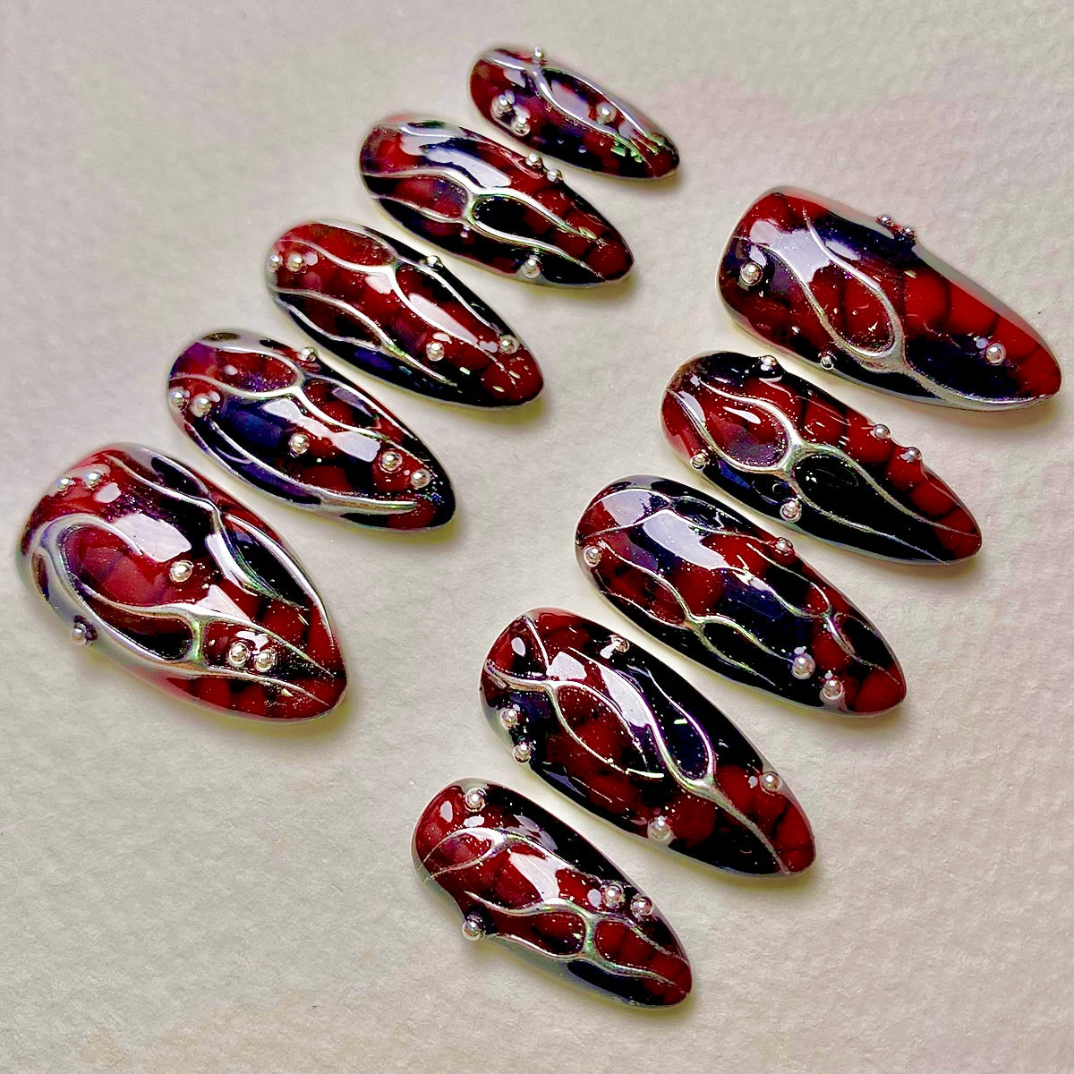 Black Widow Web Press On Nails, Red Chrome Gothic Fake Nails with Silver Veins