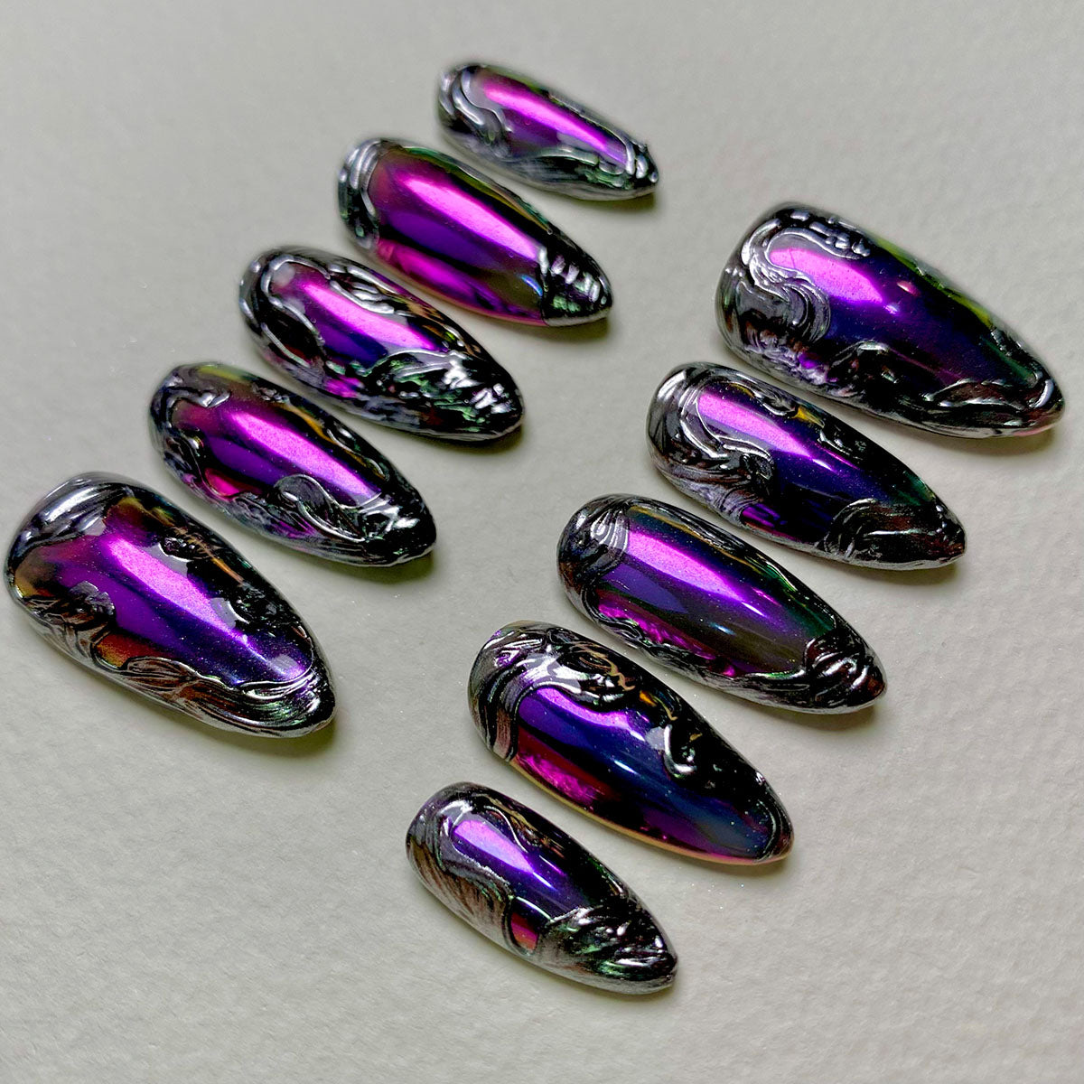 Dark Purple Chrome Mirror Glaze Press On Nails, Gothic Silver Chrome Fake Nails