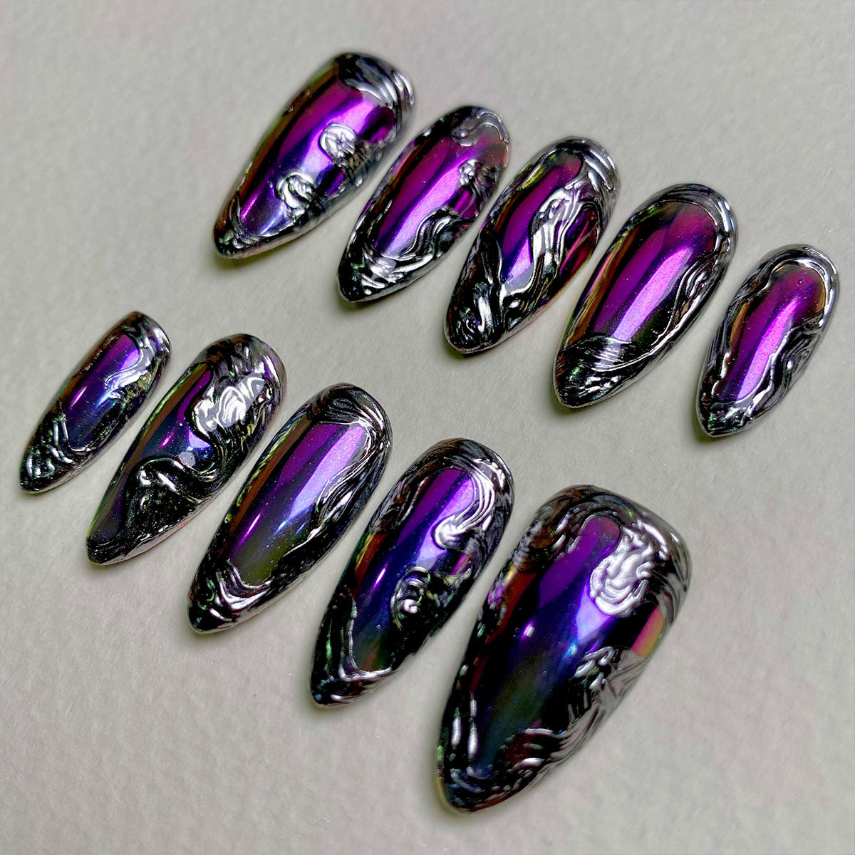 Dark Purple Chrome Mirror Glaze Press On Nails, Gothic Silver Chrome Fake Nails