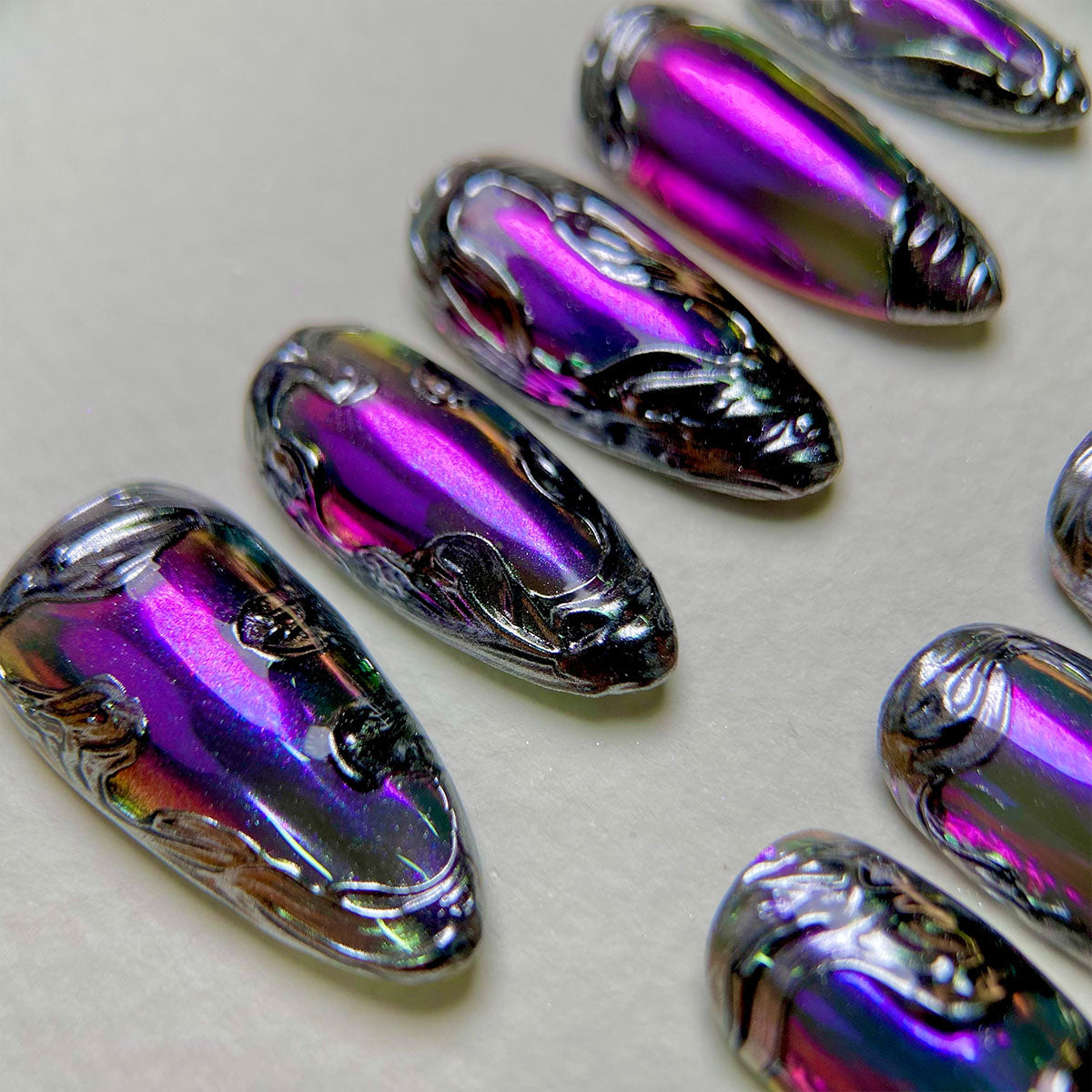 Dark Purple Chrome Mirror Glaze Press On Nails, Gothic Silver Chrome Fake Nails