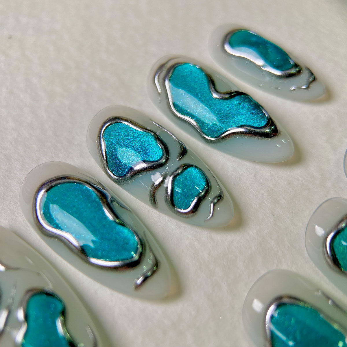 Aqua Bloom Chrome Press On Nails, Teal Silver Accent Fake Nails for a Fresh Glow