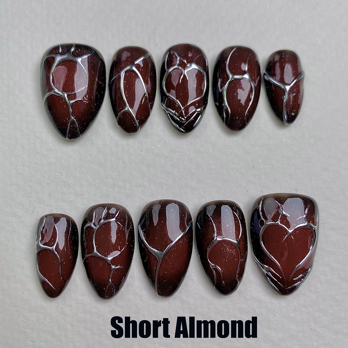 Bloody Romance Heart Press-On Nails, Burgundy Chrome Fake Nails with Gothic Silver Veins