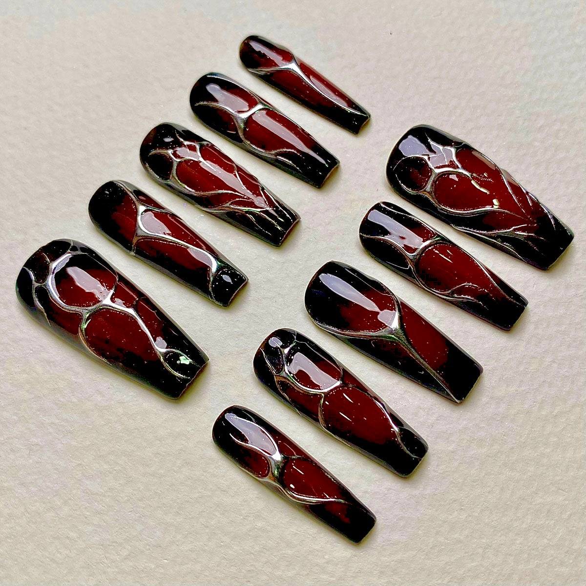 Bloody Romance Heart Press-On Nails, Burgundy Chrome Fake Nails with Gothic Silver Veins