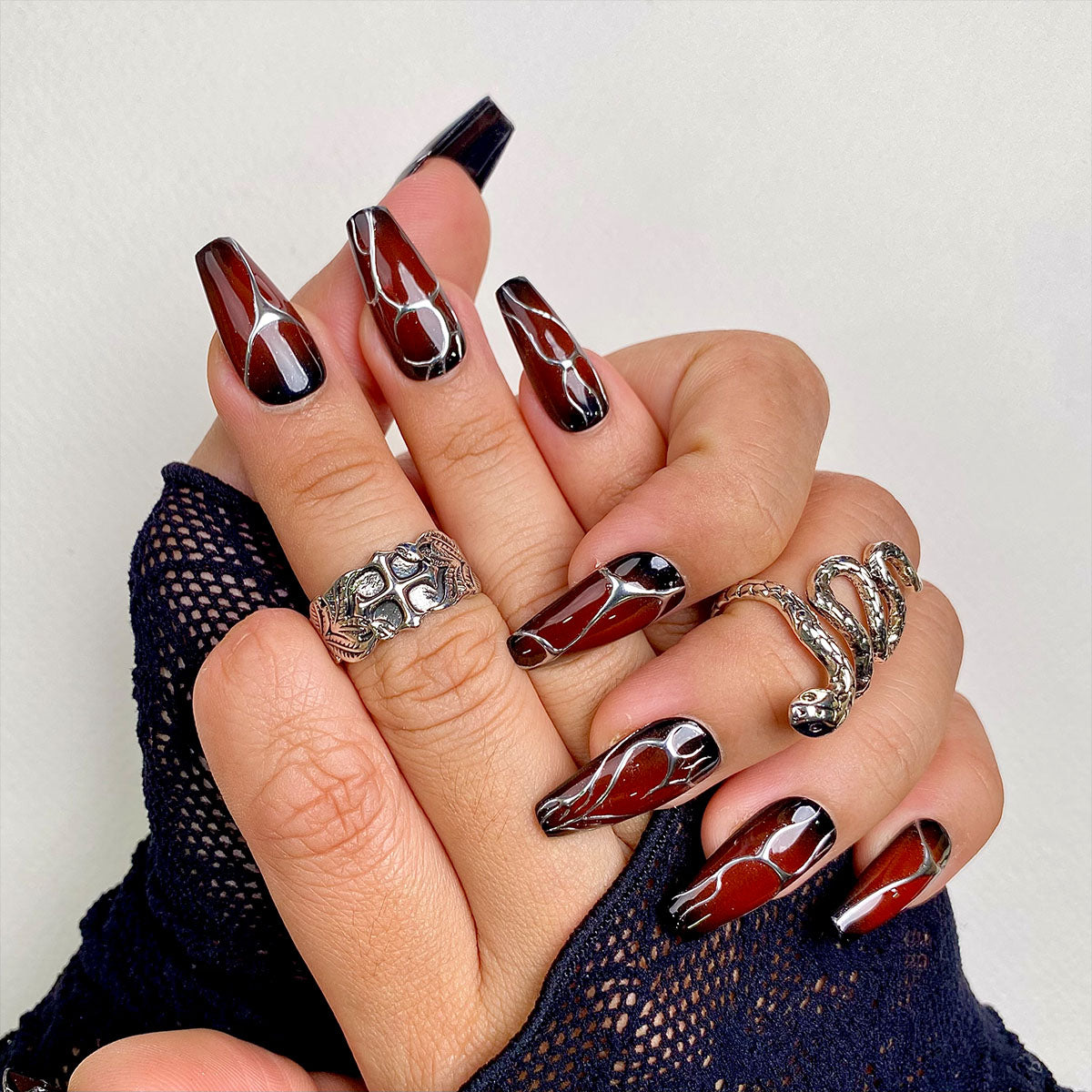Bloody Romance Heart Press-On Nails, Burgundy Chrome Fake Nails with Gothic Silver Veins