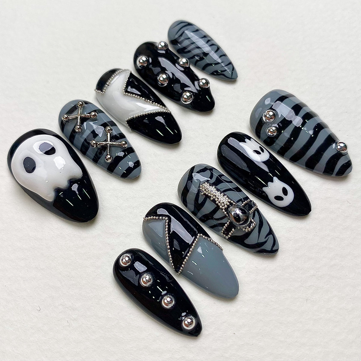 Gothic Skull & Stripes Press-On Nails, Dark Halloween Fake Nails