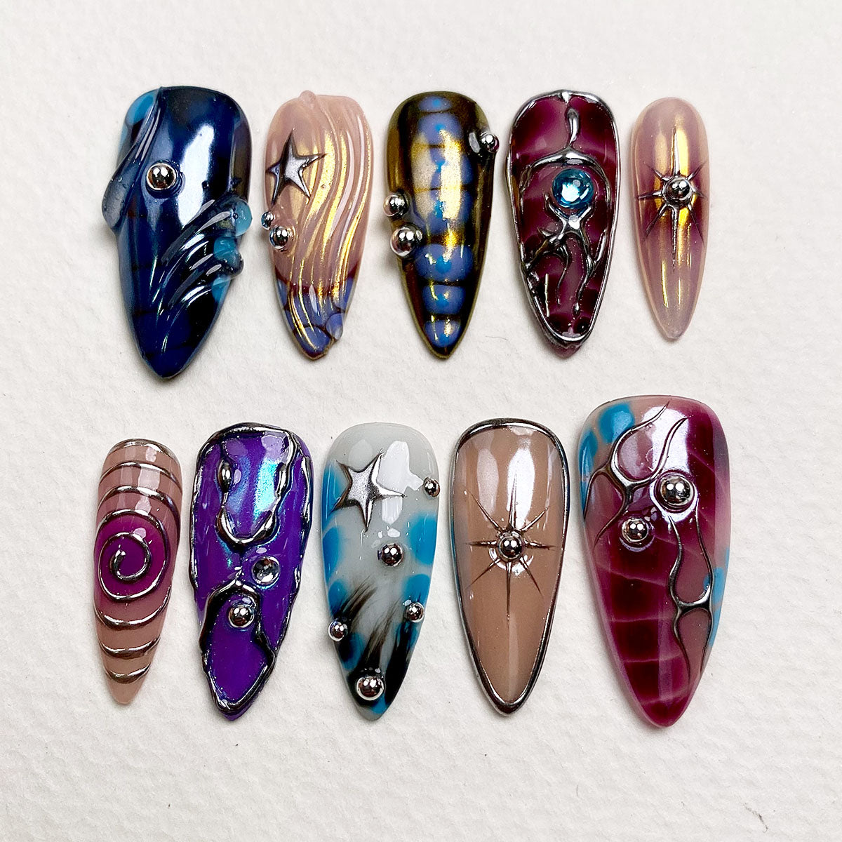 Galaxy Whirlwind Press-On Nails – Iridescent Blue Purple Chrome Fake Nails Gothic Style