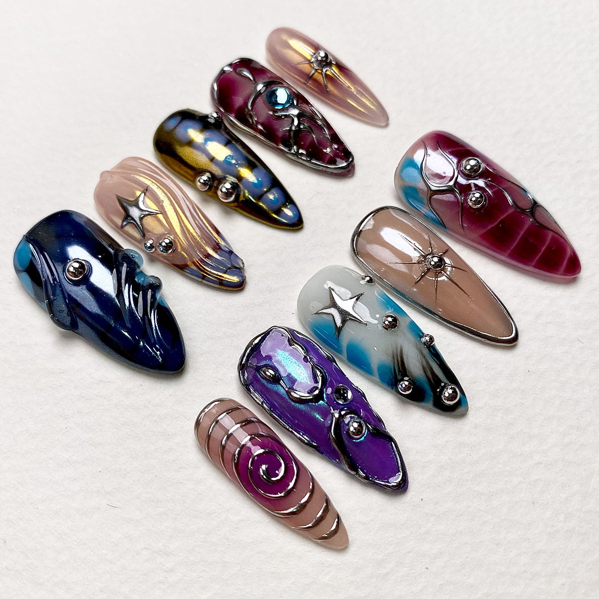 Galaxy Whirlwind Press-On Nails – Iridescent Blue Purple Chrome Fake Nails Gothic Style