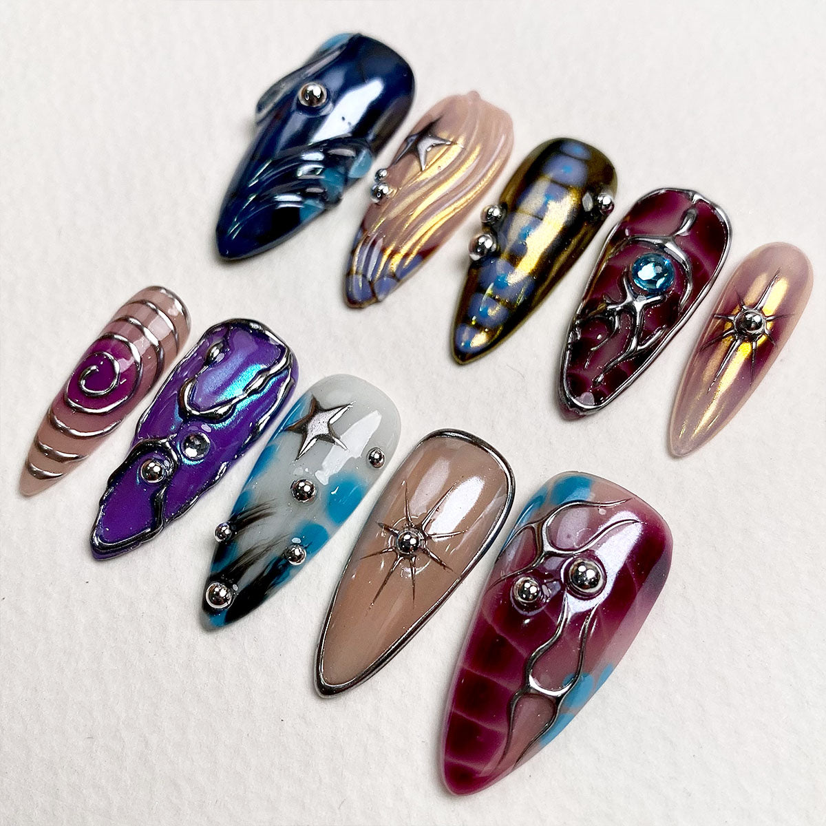 Galaxy Whirlwind Press-On Nails – Iridescent Blue Purple Chrome Fake Nails Gothic Style