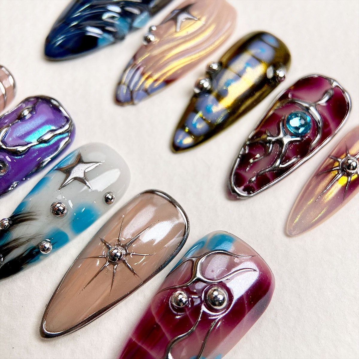 Galaxy Whirlwind Press-On Nails – Iridescent Blue Purple Chrome Fake Nails Gothic Style