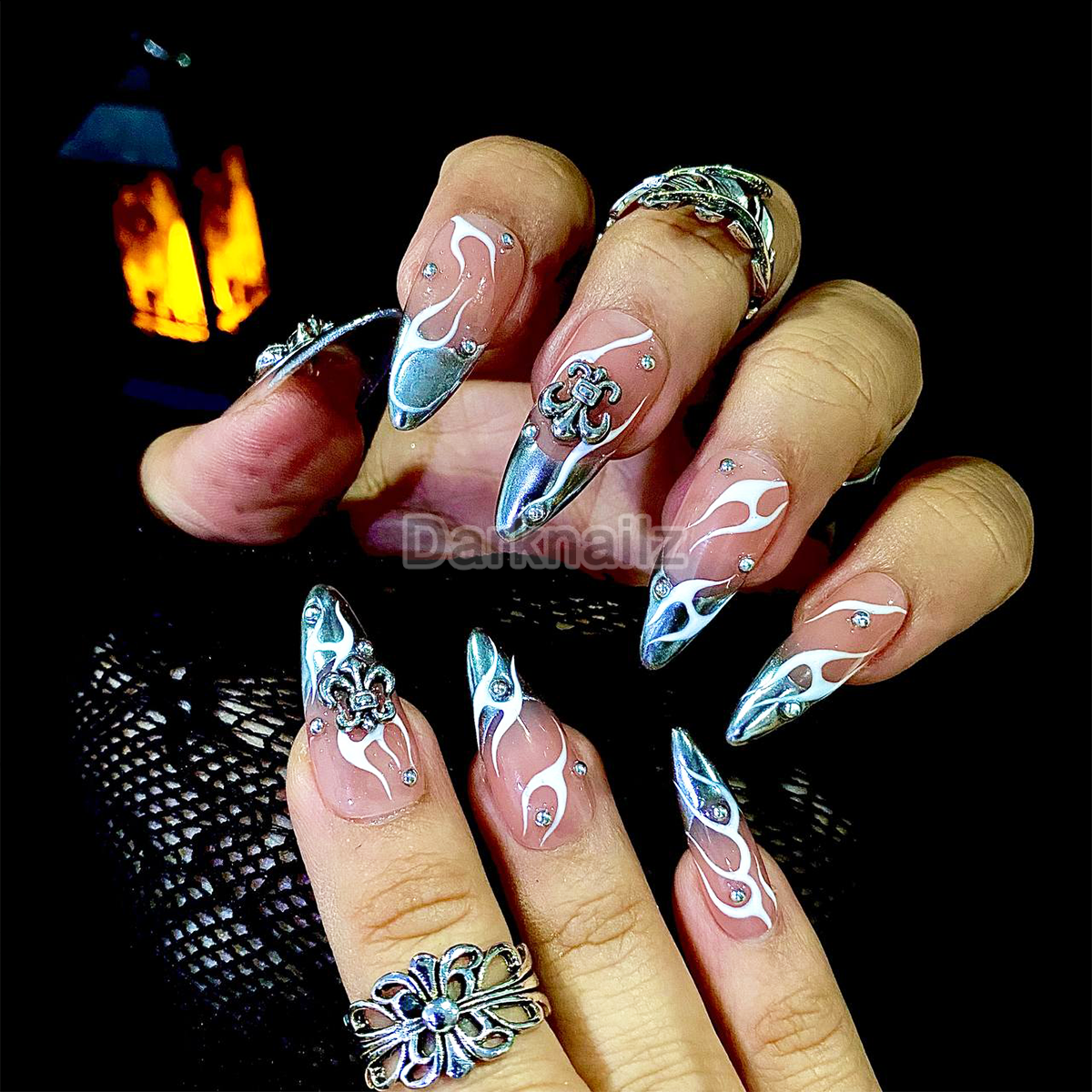 Ashen Relic – Nude Brown Press-On Nails, Gothic Fake Nails with Silver Armor Charms