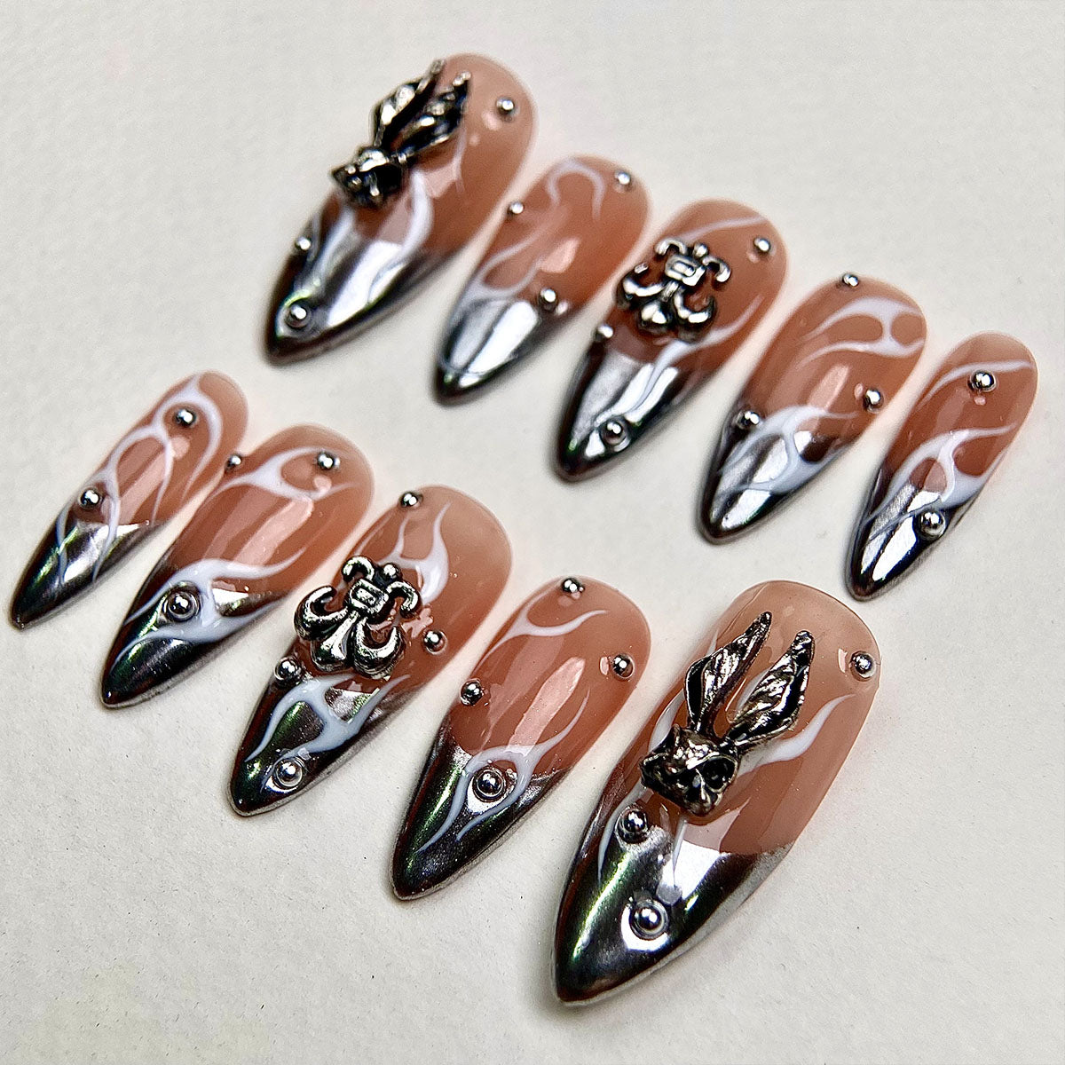 Ashen Relic – Nude Brown Press-On Nails, Gothic Fake Nails with Silver Armor Charms