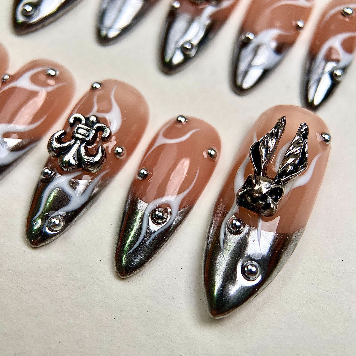 Ashen Relic – Nude Brown Press-On Nails, Gothic Fake Nails with Silver Armor Charms