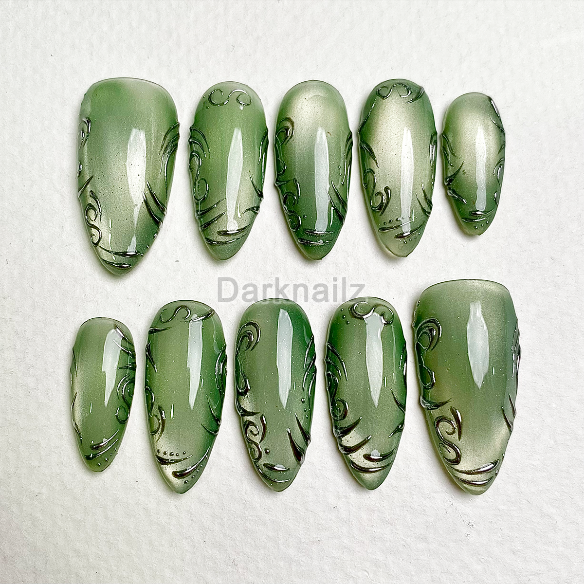 Verdant Whisper Green Press-On Nails – Sage Green Gothic Fake Nails