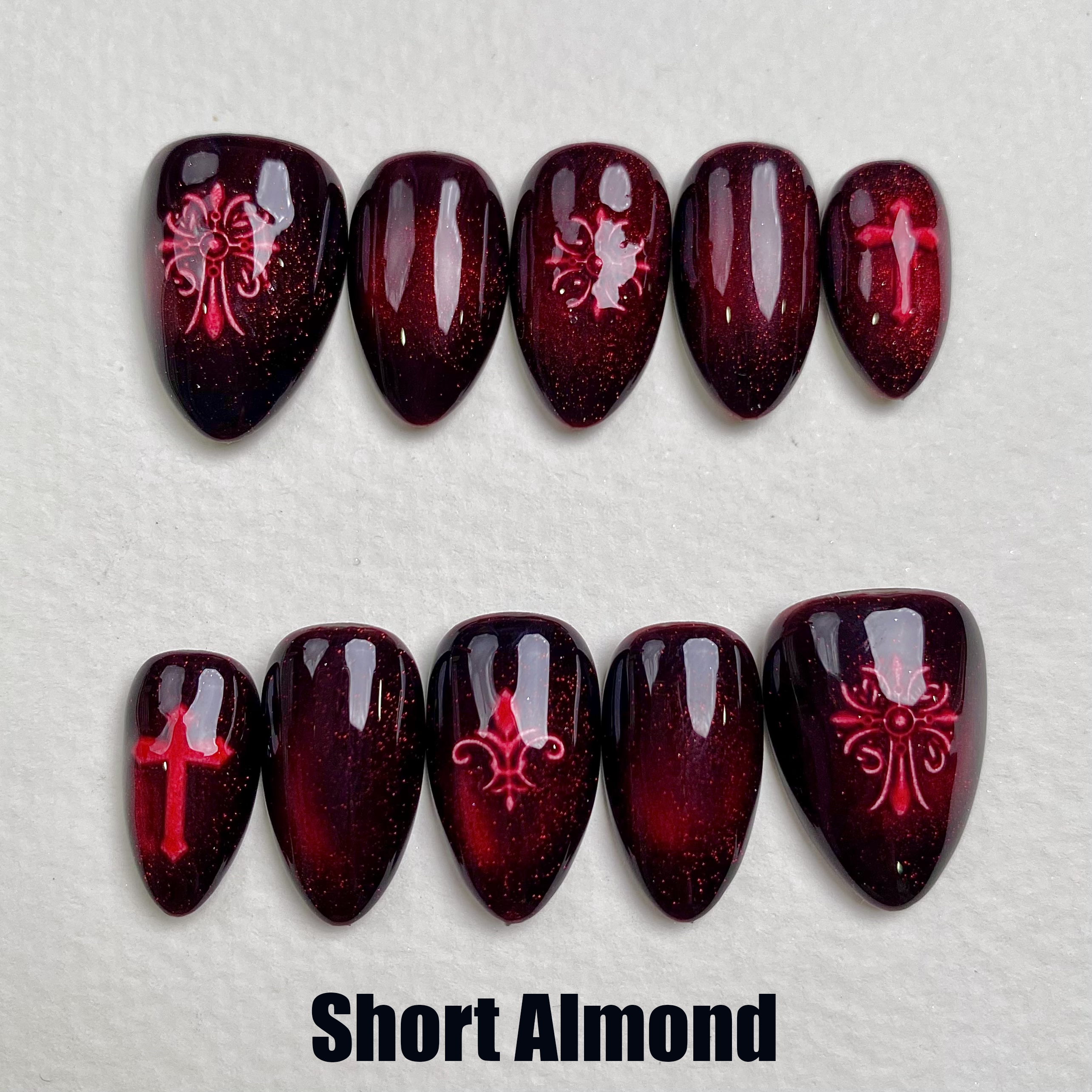 Blood Eclipse – Red Cat Eye Press-On Nails, Gothic Fake Nails with Dark Cross Details
