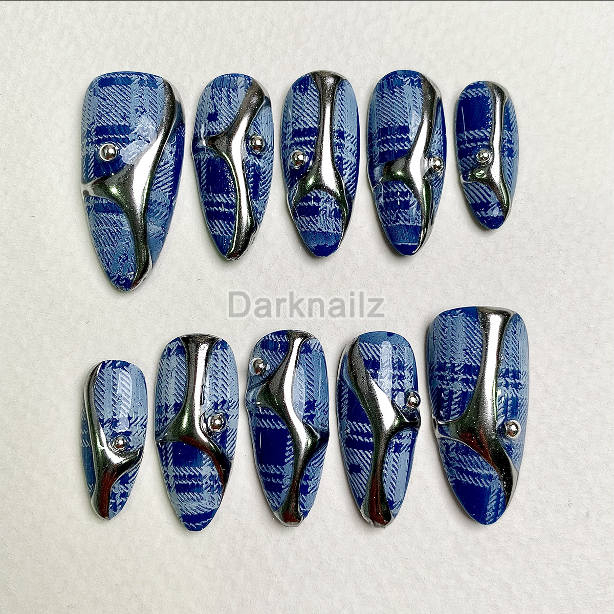 Steel Pulse Blue Press-On Nails – Navy Plaid Chrome Fake Nails