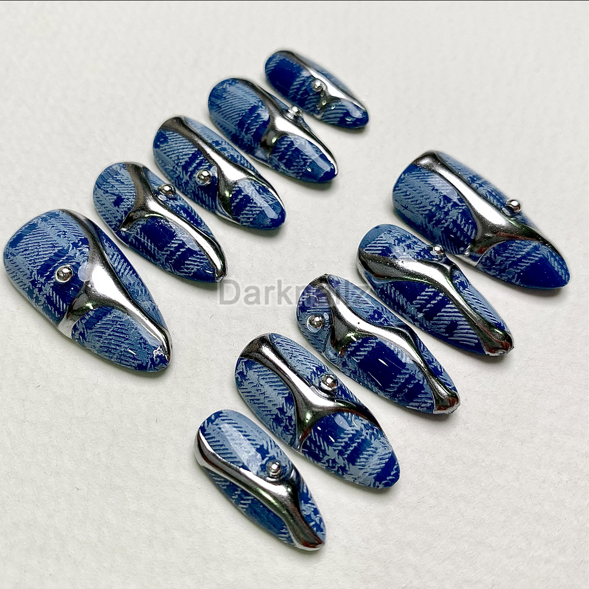 Steel Pulse Blue Press-On Nails – Navy Plaid Chrome Fake Nails
