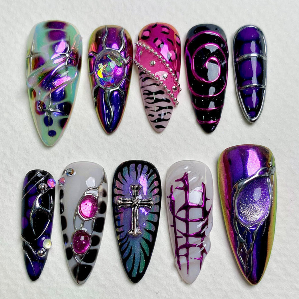 Abyssal Glow – Purple Gothic Press-On Nails, Dark Metal Fake Nails