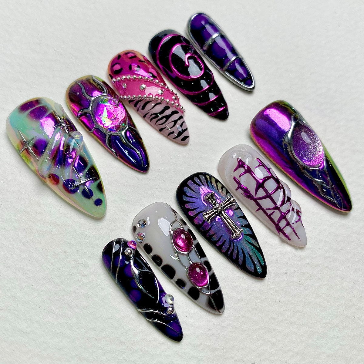 Abyssal Glow – Purple Gothic Press-On Nails, Dark Metal Fake Nails