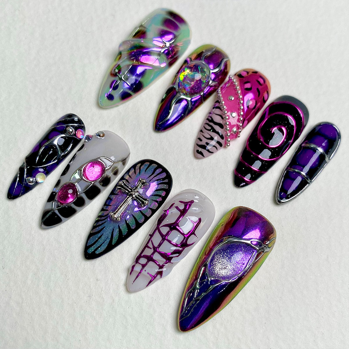 Abyssal Glow – Purple Gothic Press-On Nails, Dark Metal Fake Nails