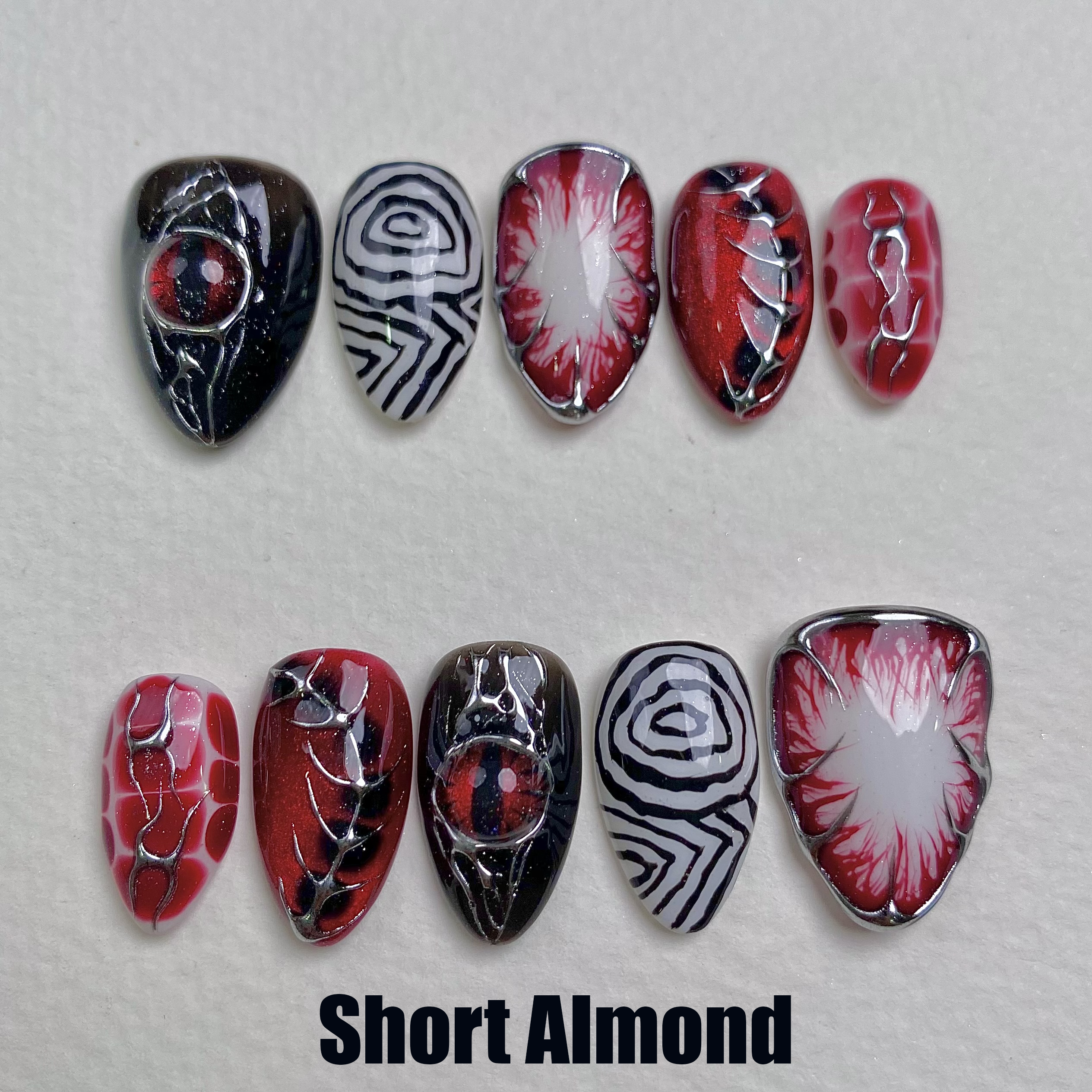 Infernal Eye Gothic Press-On Nails – Red & Black Cat Eye Fake Nails