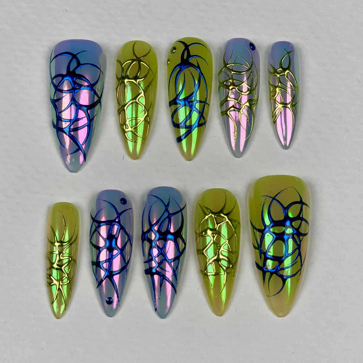 Colorful Tribal Y2K Chrome Press-On Nails – Iridescent Cyber Fake Nails
